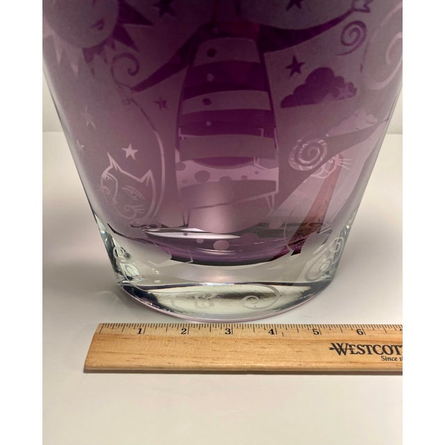 2003 Leandra Drumm Amethyst Etched Art Glass Girl & Cat Vase Signed 8″ For Sale - Image 9 of 11