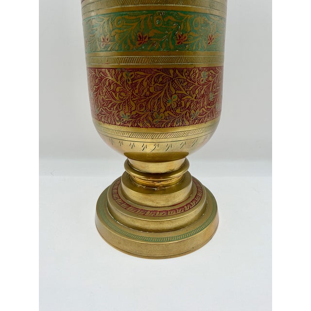 Shabby Chic Vintage Indian Brass Peacock Vase, Etched Enamel Floral Vessel For Sale - Image 3 of 7