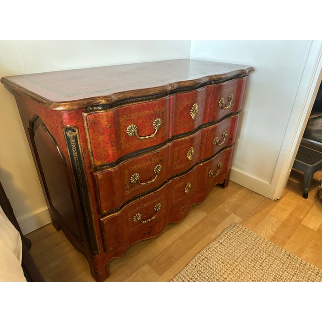 Theodore Alexander Red Leather-Wrapped Serpentine Three-Drawer Chest With Gilt Decoration For Sale - Image 15 of 16
