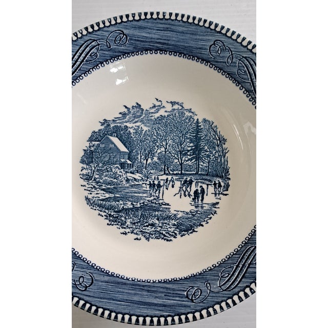 Ceramic Currier & Ives Blue by Royal 8.5" Rimmed Cereal Soup Bowl Early Winter Set of 10 For Sale - Image 7 of 13