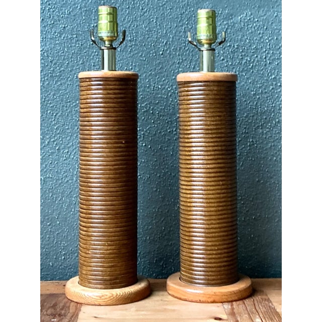 Wood Vintage Pencil Reed Cylinder Lamps - A Pair For Sale - Image 7 of 12