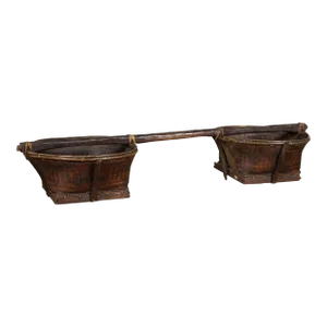 Early 20th Century Shoulder Rice Carrying Yoke with Bamboo & Rattan Baskets