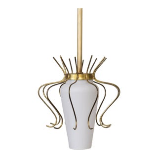 1950s Italian Brass and White Glass Pendant Light For Sale