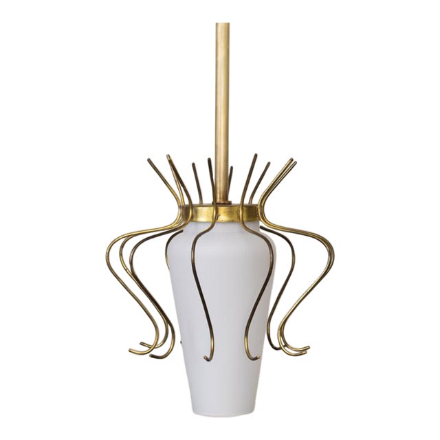 1950s Italian Brass and White Glass Pendant Light For Sale