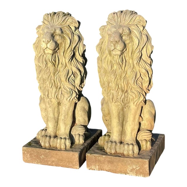Pair of Majestic Vintage Concrete Lions on Bases For Sale