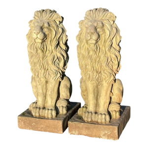 Pair of Majestic Vintage Concrete Lions on Bases