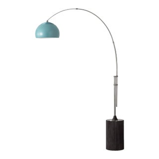 1980s 92-Inch Adjustable Half Dome Satin Nickel Floor Lamp - Mid Century Modern, Pool Blue Shade, Black Oak Base For Sale