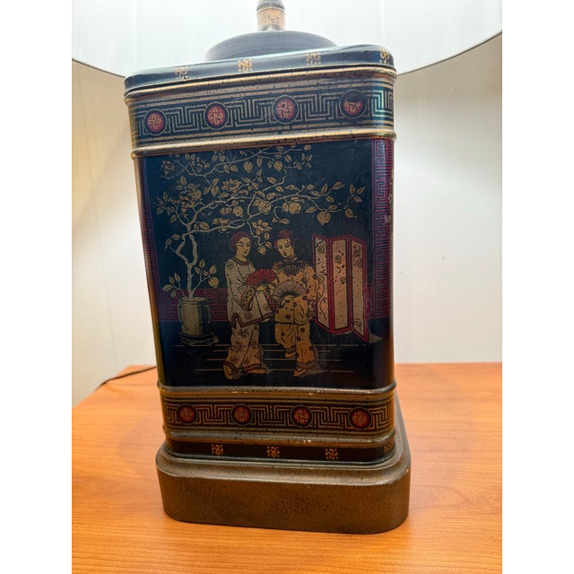 Metal Vintage Tea Caddy Lamp W/ Silk Shade For Sale - Image 7 of 12