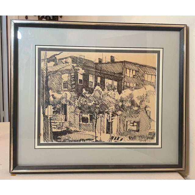Vintage 75' Original S. Stirling Stylized Ink Drawing Apartment Cityscape Sketch For Sale - Image 11 of 12