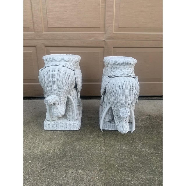White 1970s White Wicker Rattan Elephant Garden Stools or Side Tables, Pair For Sale - Image 8 of 10