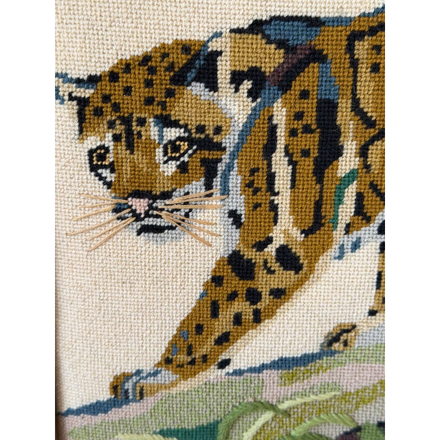 Textile Vintage Leopard Jungle Needlepoint Textile Art in Faux Bamboo Frame For Sale - Image 7 of 11