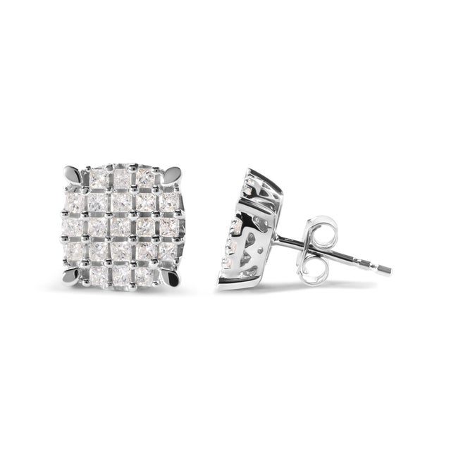 Contemporary 10K White Gold 3/4 Cttw Princess Diamond Composite Cushion Shape Stud Earrings (I-J Color, I1-I2 Clarity) For Sale - Image 3 of 4