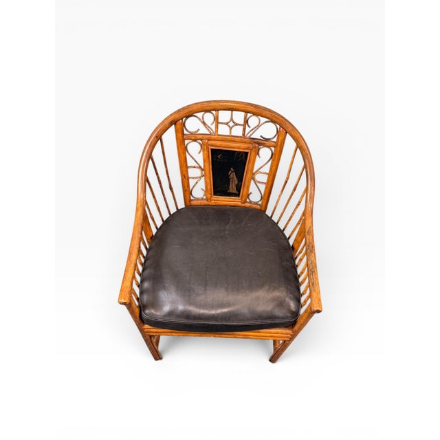 Vintage Chinoiserie Style Rattan Barrel Chair With Hand-Painted Lacquer Panel For Sale - Image 4 of 14