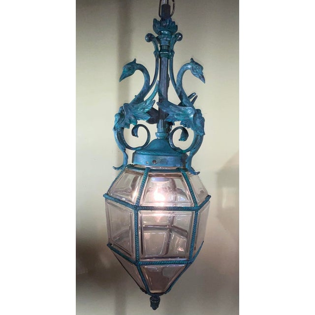Antique Neoclassical Bronze Hanging Lantern / Pendent With Ornate Swan Motif For Sale In Miami - Image 6 of 17