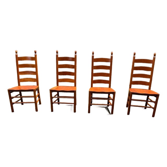 Vintage Shaker Style High Ladder Back Solid Wood Dining Chairs. Set of 4. For Sale