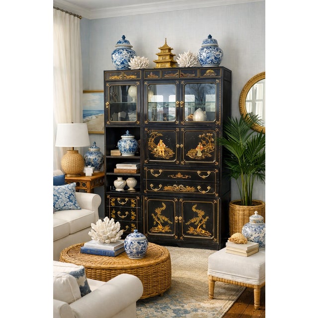 Beautiful, handcrafted and hand-decorated Jasper Cabinet Company Chinoiserie black lacquer bar, desk, and display cabinet...