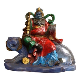 Vintage Colored Glaze Figure of Zhao Gongming Seated on a Tiger For Sale