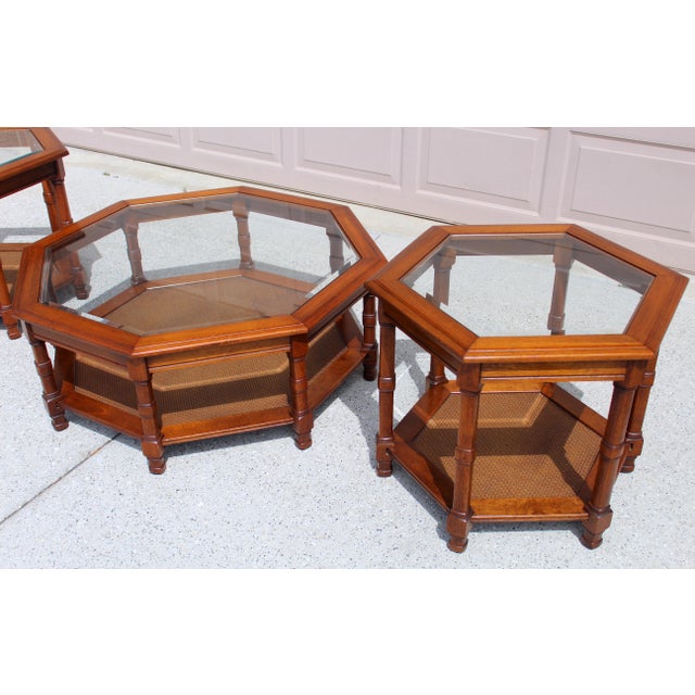 1960s Vintage 1960s Mid-Century Modern Walnut Octagonal Glass Top & Cane Coffee Table + 2 Matching Hexagonal Accent Tables For Sale - Image 5 of 12