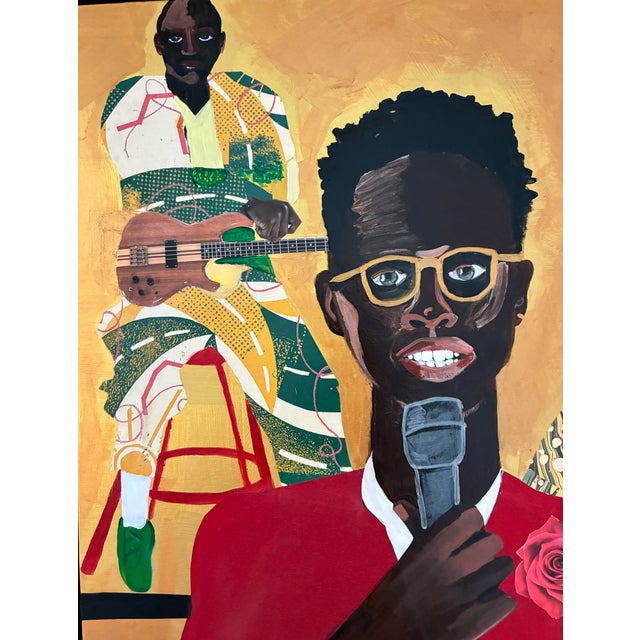 All That Jazz is a vibrant figurative collage on 1 1/2" deep wood panel, featuring a singer, bassist, sax player and...