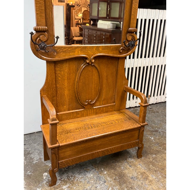 Early 20th Century Antique Oak Hall Tree/Entry Bench For Sale - Image 5 of 12