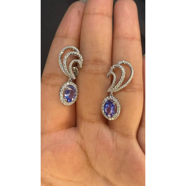 1.98 Carat Tanzanite and Diamond Climber Drop Earrings in 14k White Gold- 2 Pieces For Sale - Image 4 of 13