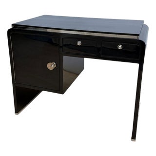 Small Art Deco Desk in Black Lacquer, Nickel, and Bird's Eye Maple, France, 1930s For Sale