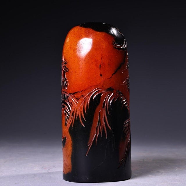 This is a vintage Shoushan stone seal featuring an exquisite high-relief carving of a traditional landscape scene. The...