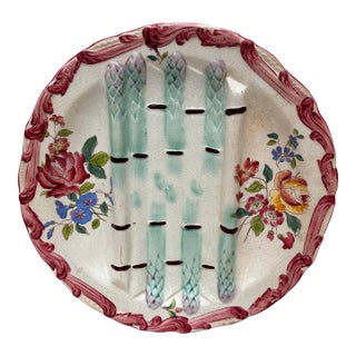 19th Century Longchamp Majolica Asparagus Plate With Flowers For Sale