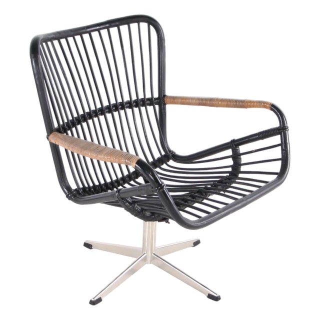 Swivel Armchair in Rattan and Chrome, 1970s For Sale