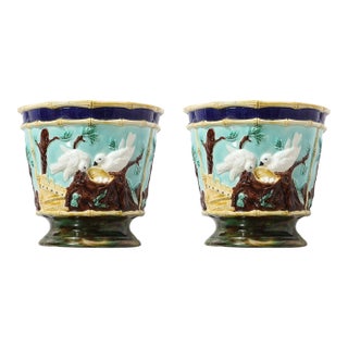 Pair of Signed Majolica Ceramic Cachepots W/ Birds, Nests & Bamboo Border Detail For Sale
