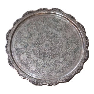 Vintage Ornate Silver-Plated Round Serving Tray With Scalloped Edge For Sale
