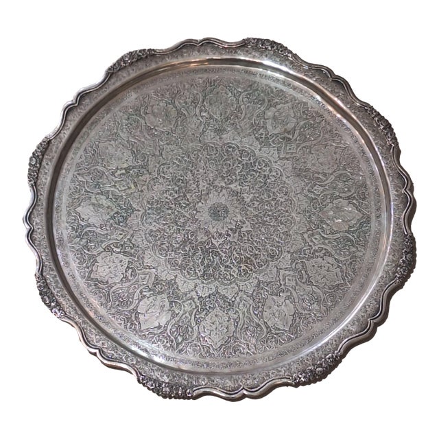 Vintage Ornate Silver-Plated Round Serving Tray With Scalloped Edge For Sale