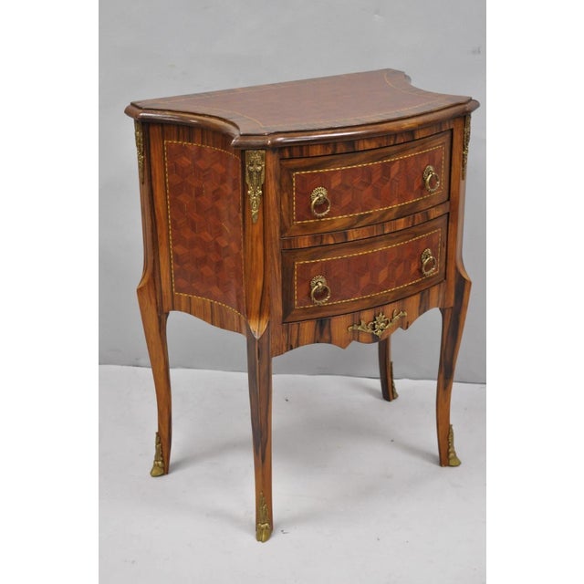 Vintage French Louis XV Style Marquetry Inlay 2 Drawer Nightstand Commode Side Table with Brass Ormolu and Hoof Feet....