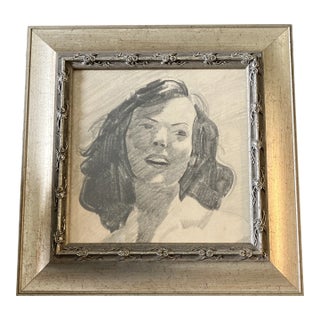 1940’s Original Female Portrait Charcoal Drawing Tabletop Frame For Sale