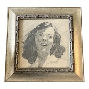 1940’s Original Female Portrait Charcoal Drawing Tabletop Frame
