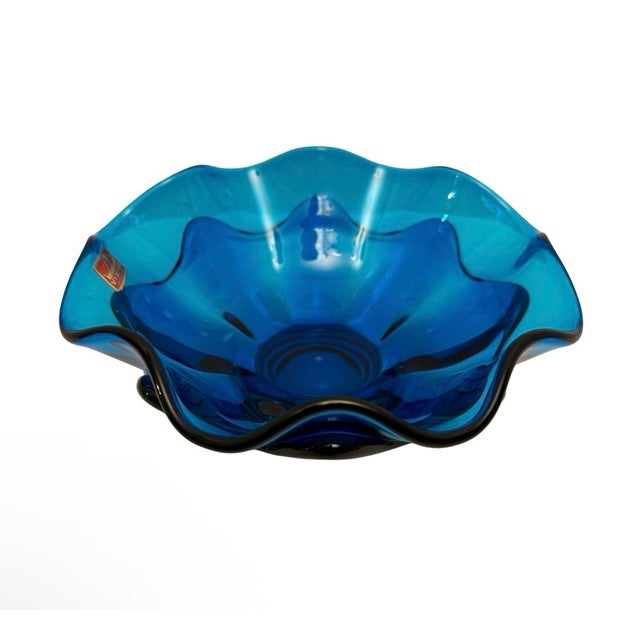 Viking Glass Company VTG Viking Glass Bluenique Footed Art Glass Double Ruffled Bowl W/Sticker (A14). For Sale - Image 4 of 9