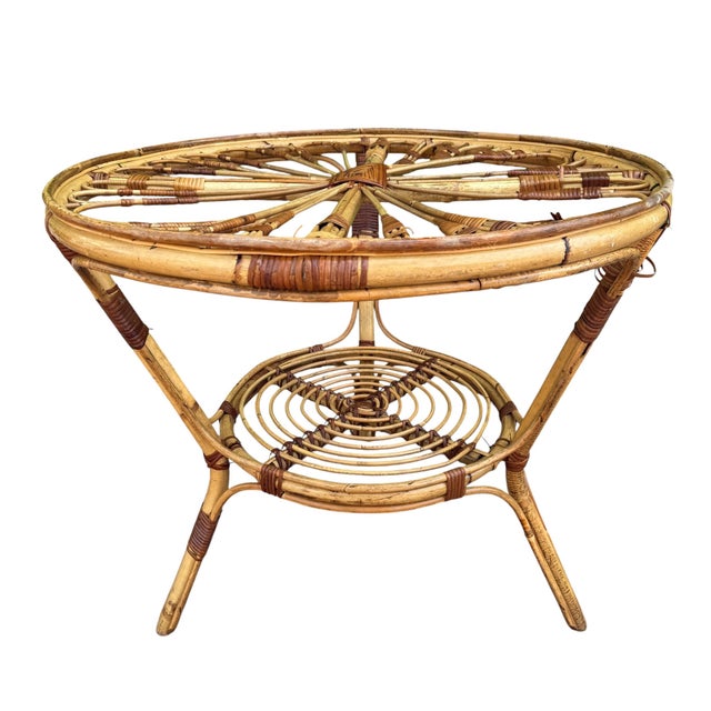 Magnificent double-tiered rattan table. Handcrafted in the south of France, Avignon region.