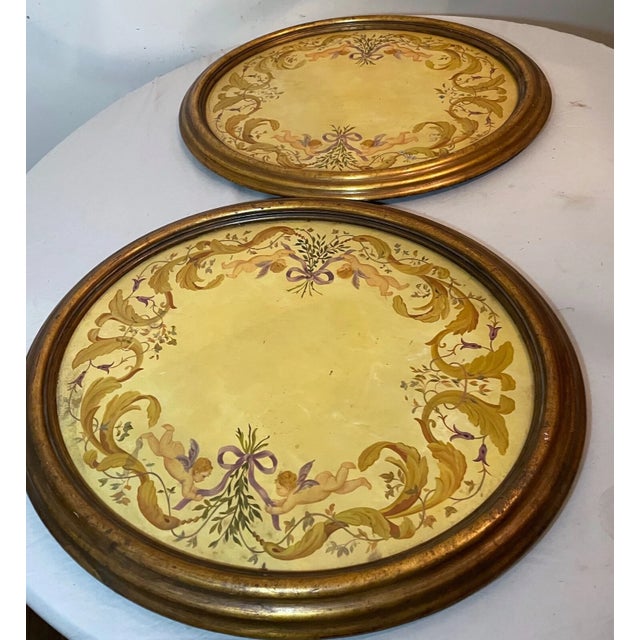 Pair of 2 Large Vintage Oval Original Hand Painted Oil Painting Cherub Frescos For Sale - Image 15 of 15
