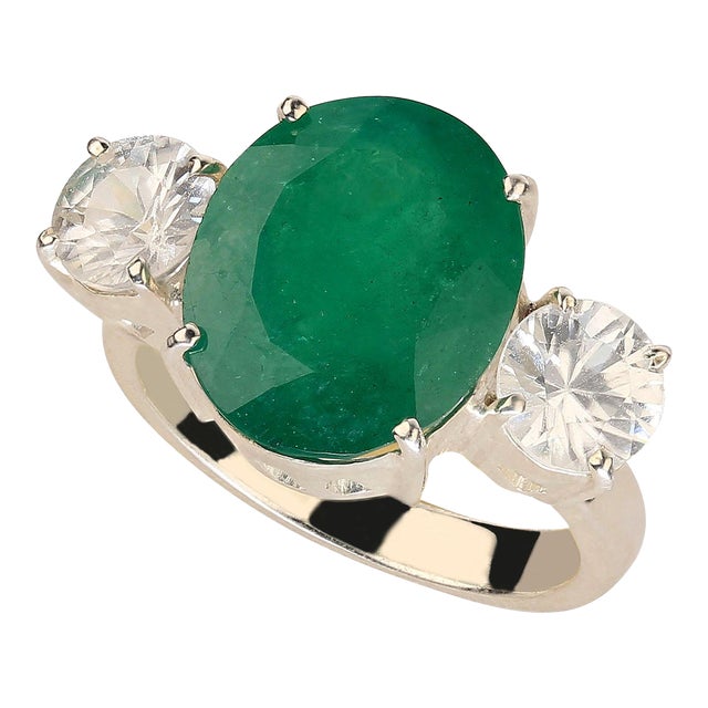 Statement Dinner Ring of Brazilian Emerald & Genuine Zircons in Silver Size 7 For Sale