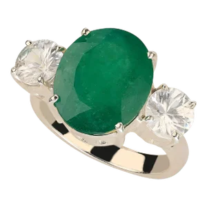 Statement Dinner Ring of Brazilian Emerald & Genuine Zircons in Silver Size 7
