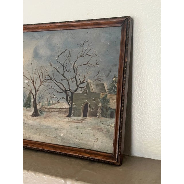This vintage scenic painting depicts a calm scene of a forest, trees, a house. Painting is on a board and framed. It has...