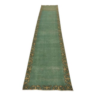 Tabriz Runner 3’1” X 12’9” Green Wool Vintage Distressed Hand-Knoted Rug For Sale