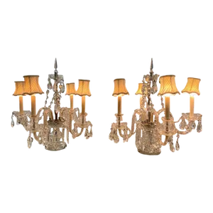 1940s Ornate Four Arm Crystal Candelabra Table Lamps - A Pair