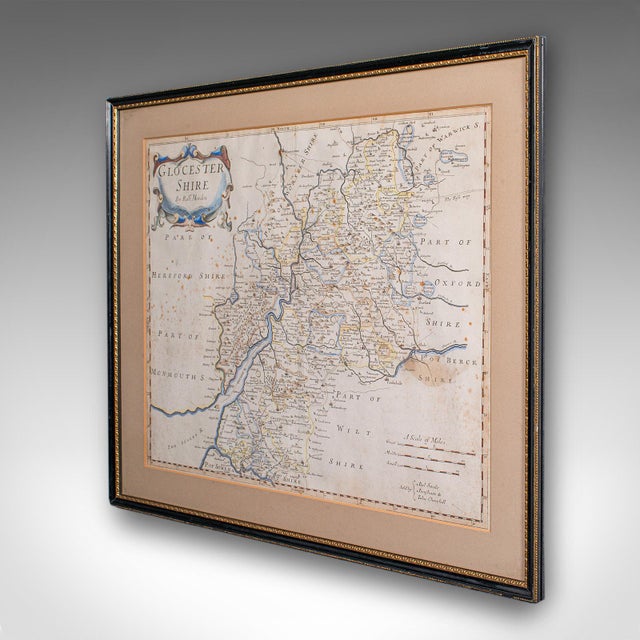 Antique Framed Gloucestershire Map, English Atlas Engraving, Cartography, c.1700 For Sale - Image 4 of 12