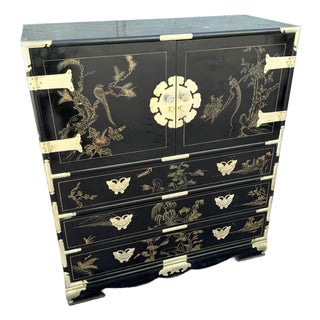 Chinese Black and Gold and Hand Painted Armoire/Chest of Drawers For Sale
