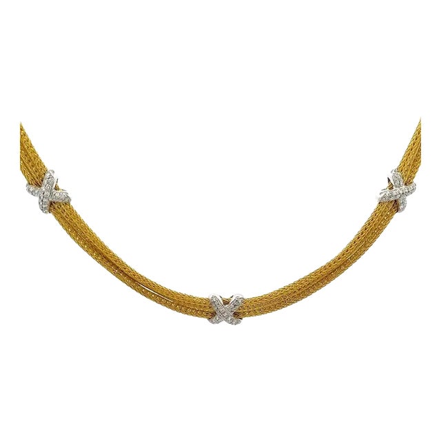 Diamond 18k Gold Necklace Triple Strand X Motifs Mesh Chain For Sale