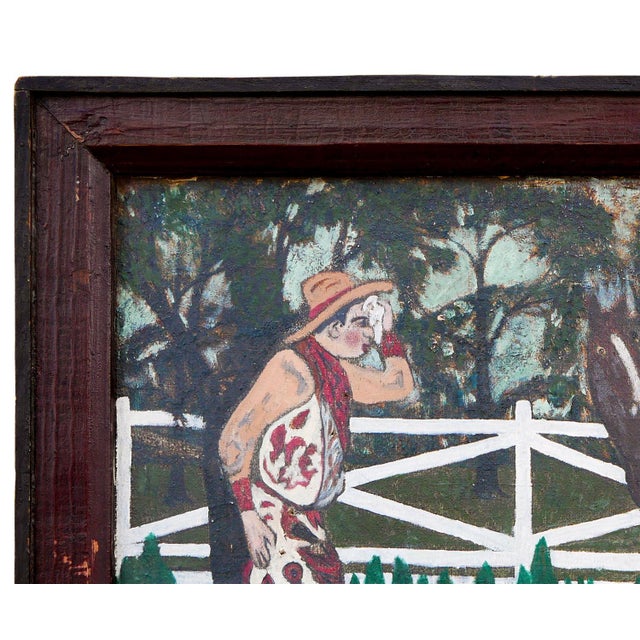 Abstract Folk Art Western Figurative Painting of a Cowboy, Horses, and a Dog, Early 20th Century For Sale - Image 4 of 10