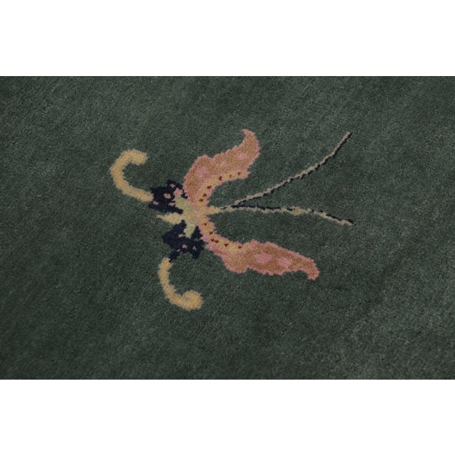 Rug & Kilim’s Chinese Art Deco Inspired Rug, Deep Forest Green With Florals For Sale In New York - Image 6 of 9