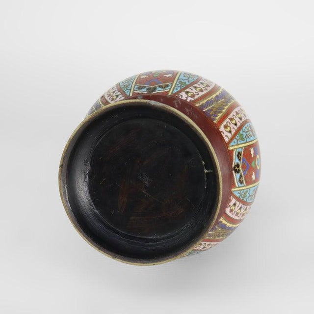 Metal Antique Japanese Cloisonne Enameled Double Handle Bronze Vase C1900 For Sale - Image 7 of 7