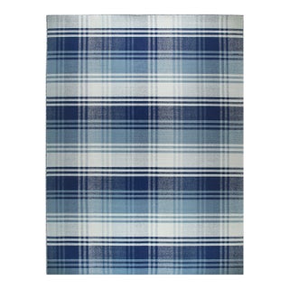 10x14 Sophisticated Elegant Blue Large Scale Plaid Geometric Flatweave Wool Rug For Sale